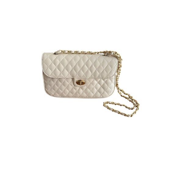 Quilted White Faux Leather Shoulder Bag With Gold Chain Strap & Turn Lock - Picture 12 of 12